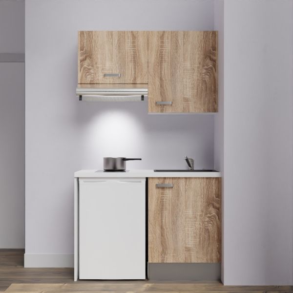 Kitchenette K01L-PT - 120 cm avec plan de travail blanc - évier noir - meubles bois