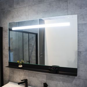 Miroir lumineux ETAL 120x80 cm éclairage LED, antibuée, tablette de rangement noire 