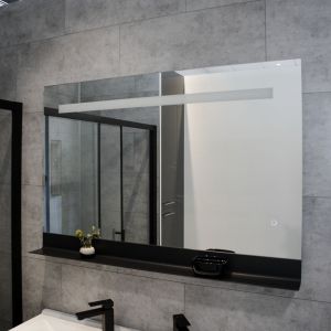 Miroir lumineux ETAL 120x80 cm éclairage LED, antibuée, tablette de rangement noire 