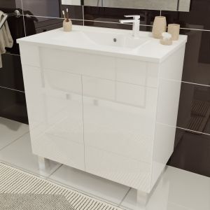 Meuble salle de bain sur pieds ECOLINE 80 cm - Blanc brillant Meuble salle de bain blanc brillant, 2 portes, pieds chromé ECOLINE 80 cm de largeur