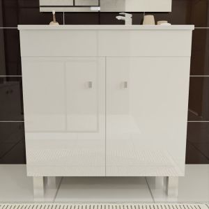 Meuble salle de bain sur pieds ECOLINE 80 cm - Blanc brillant Meuble salle de bain blanc brillant, 2 portes, pieds chromé ECOLINE 80 cm de largeur