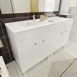 Meuble salle de bain blanc brillant sur pieds avec double vasque ECOLINE 140 cm