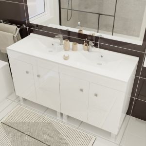 Meuble salle de bain blanc brillant sur pieds avec double vasque ECOLINE 140 cm