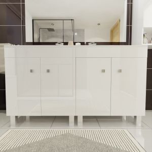 Meuble salle de bain blanc brillant sur pieds avec double vasque ECOLINE 140 cm