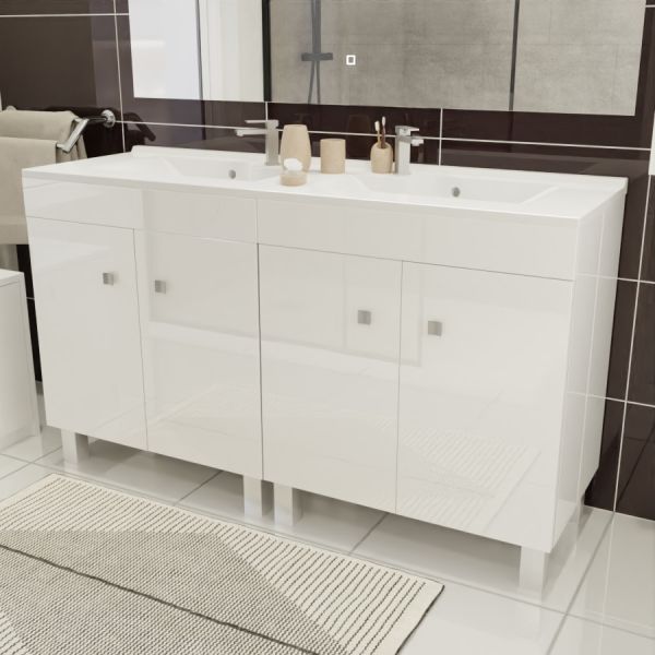 Meuble salle de bain blanc brillant sur pieds avec double vasque ECOLINE 140 cm