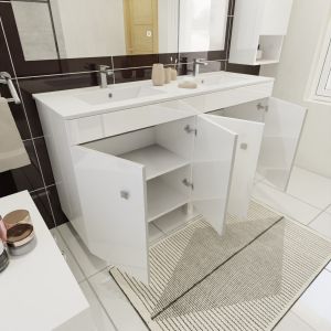 Meuble salle de bain blanc brillant sur pieds avec double vasque ECOLINE 140 cm