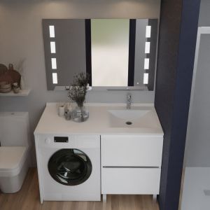 Meuble IDEA, plan vasque déportée à droite 124 cm + Miroir Prestige - Blanc