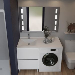 Meuble IDEA, plan vasque déportée à gauche 124 cm + Miroir Prestige - Blanc