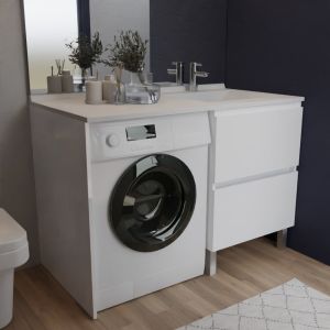 Meuble lave-linge IDEA, plan vasque déportée à droite 124 cm - Blanc
