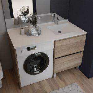Meuble lave-linge IDEA, plan vasque déportée à droite 124 cm - Oak
