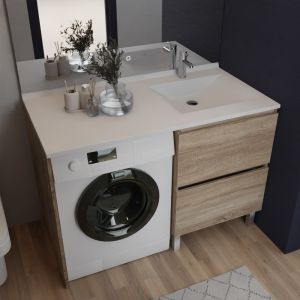 Meuble lave-linge IDEA, plan vasque déportée à droite 124 cm - Oak