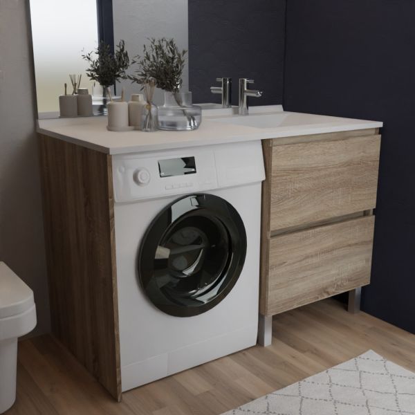 Meuble lave-linge IDEA, plan vasque déportée à droite 124 cm - Oak