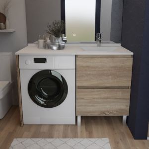 Meuble lave-linge IDEA, plan vasque déportée à droite 124 cm - Oak