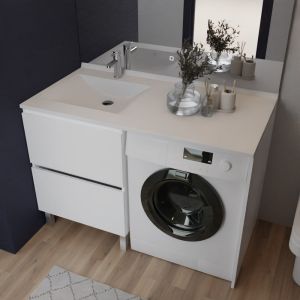 Meuble lave-linge IDEA, plan vasque déportée à gauche 124 cm - Blanc