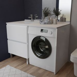 Meuble lave-linge IDEA, plan vasque déportée à gauche 124 cm - Blanc