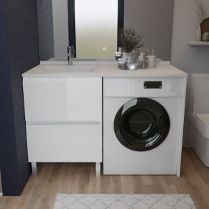 Meuble lave-linge IDEA, plan vasque déportée à gauche 124 cm - Blanc