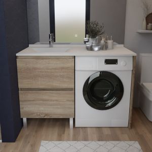 Meuble lave-linge IDEA, plan vasque déportée à gauche 124 cm - Oak