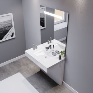 Meuble salle de bain PMR EPURE 90 cm blanc avec plan vasque et miroir led Elégance ht105
