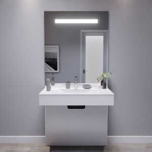 Meuble salle de bain PMR EPURE 90 cm blanc avec plan vasque et miroir led Elégance ht105