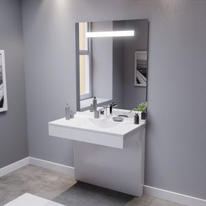 Meuble salle de bain PMR EPURE 90 cm blanc avec plan vasque et miroir led Elégance ht105