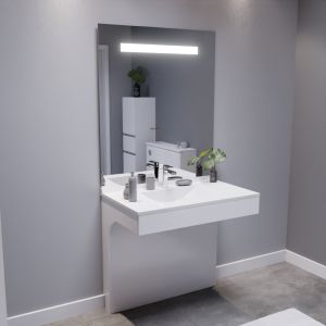 Meuble salle de bain PMR EPURE 90 cm blanc avec plan vasque et miroir led Elégance ht105