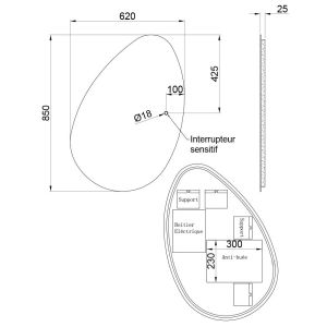 Miroir lumineux DROP éclairage led, interrupteur sensitif et antibuée. Forme galet arrondie 85 x 62 cm