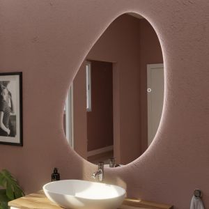 Miroir lumineux DROP éclairage led, interrupteur sensitif et antibuée. Forme galet arrondie 110x80 cm