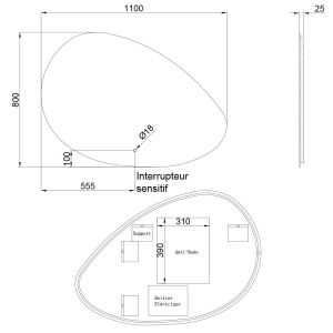 Miroir lumineux DROP éclairage led, interrupteur sensitif et antibuée. Forme galet arrondie 110x80 cm