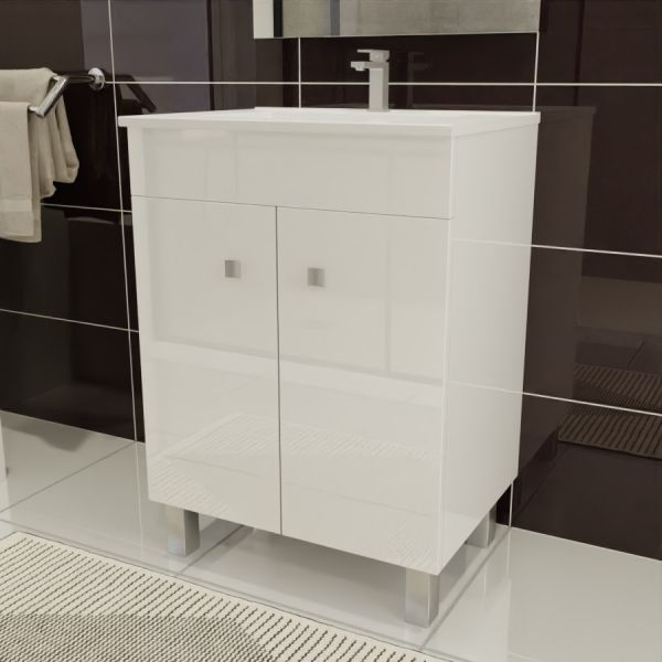 Meuble salle de bain ECOLINE 60 cm avec plan vasque en céramique - Blanc brillant