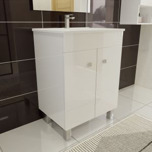 Meuble salle de bain ECOLINE 60 cm avec plan vasque en céramique - Blanc brillant