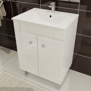 Meuble salle de bain ECOLINE 60 cm avec plan vasque en céramique - Blanc brillant