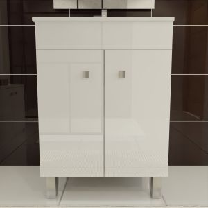 Meuble salle de bain ECOLINE 60 cm avec plan vasque en céramique - Blanc brillant