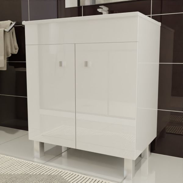 Meuble salle de bain ECOLINE 70 cm avec plan vasque en céramique - Blanc brillant