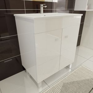 Meuble salle de bain ECOLINE 70 cm avec plan vasque en céramique - Blanc brillant
