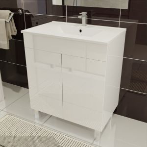 Meuble salle de bain ECOLINE 70 cm avec plan vasque en céramique - Blanc brillant
