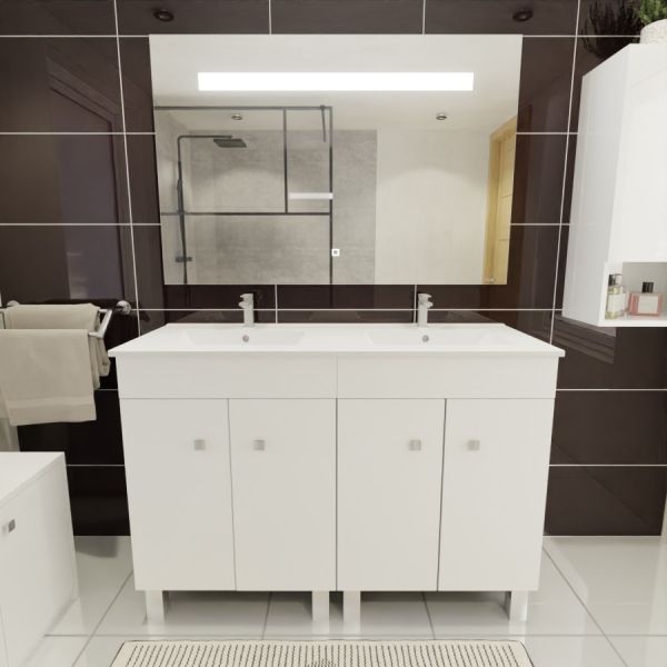 Meuble ECOLINE 120 cm avec plan double vasque en céramique et miroir LED - Blanc brillant