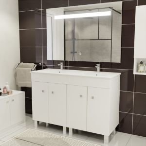 Meuble ECOLINE 120 cm avec plan double vasque en céramique et miroir LED - Blanc brillant