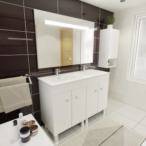 Meuble ECOLINE 120 cm avec plan double vasque en céramique et miroir LED - Blanc brillant