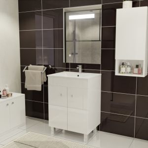 Meuble ECOLINE 60 cm avec plan vasque en céramique et miroir Elégance ht80 - Blanc brillant