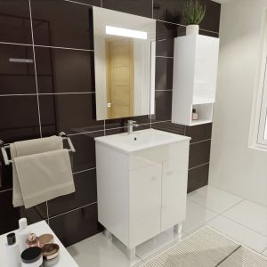 Meuble ECOLINE 60 cm avec plan vasque en céramique et miroir Elégance ht80 - Blanc brillant