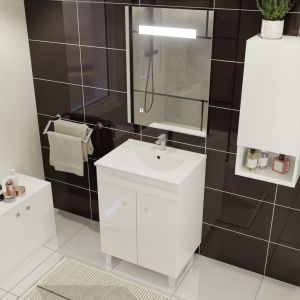 Meuble ECOLINE 60 cm avec plan vasque en céramique et miroir Elégance ht80 - Blanc brillant