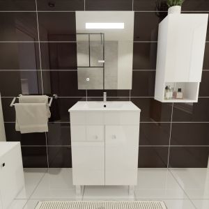 Meuble ECOLINE 60 cm avec plan vasque en céramique et miroir Elégance ht80 - Blanc brillant