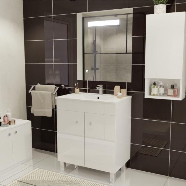 Meuble ECOLINE 70 cm avec plan vasque en céramique et miroir Elégance ht80- Blanc brillant