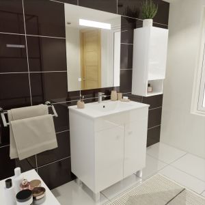 Meuble ECOLINE 70 cm avec plan vasque en céramique et miroir Elégance ht80- Blanc brillant