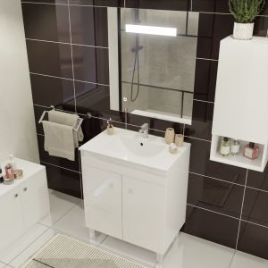 Meuble ECOLINE 70 cm avec plan vasque en céramique et miroir Elégance ht80- Blanc brillant