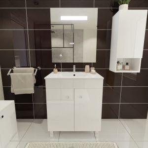 Meuble ECOLINE 70 cm avec plan vasque en céramique et miroir Elégance ht80- Blanc brillant