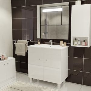 Meuble ECOLINE 80 cm avec plan vasque en céramique et miroir Elégance ht80 - Blanc brillant