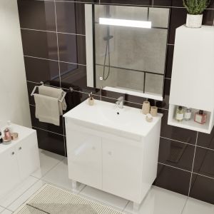 Meuble ECOLINE 80 cm avec plan vasque en céramique et miroir Elégance ht80 - Blanc brillant