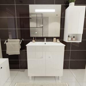 Meuble ECOLINE 80 cm avec plan vasque en céramique et miroir Elégance ht80 - Blanc brillant