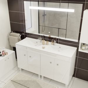 Meuble ECOLINE 140 cm avec plan vasque résine et miroir Elégance ht80- Blanc brillant